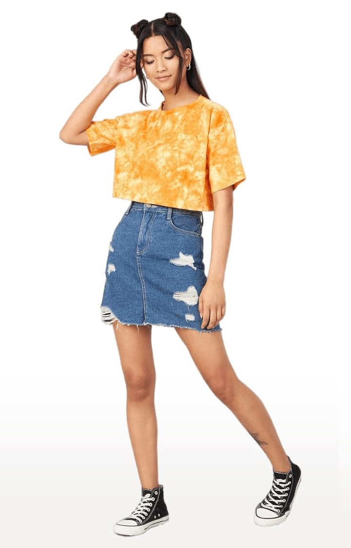 Women's Yellow Cotton Tie Dye Crop Top