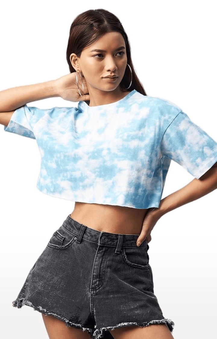 Women's Sky-blue Cotton Tie Dye Crop Top