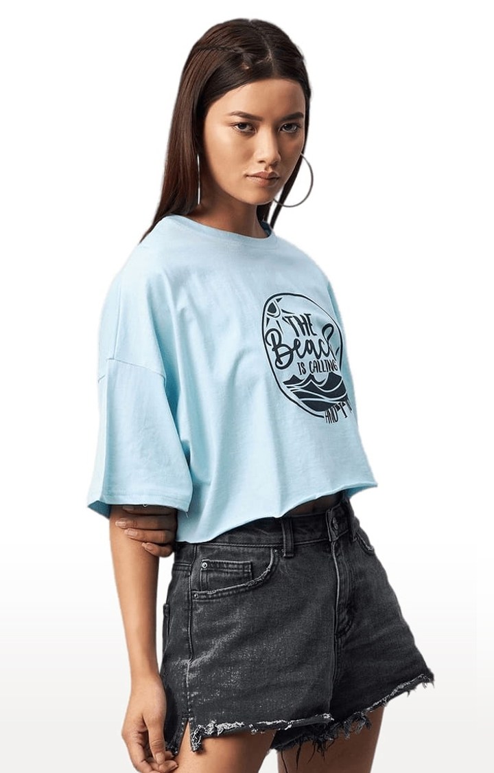 Women's Light Blue Cotton Solid Crop Top