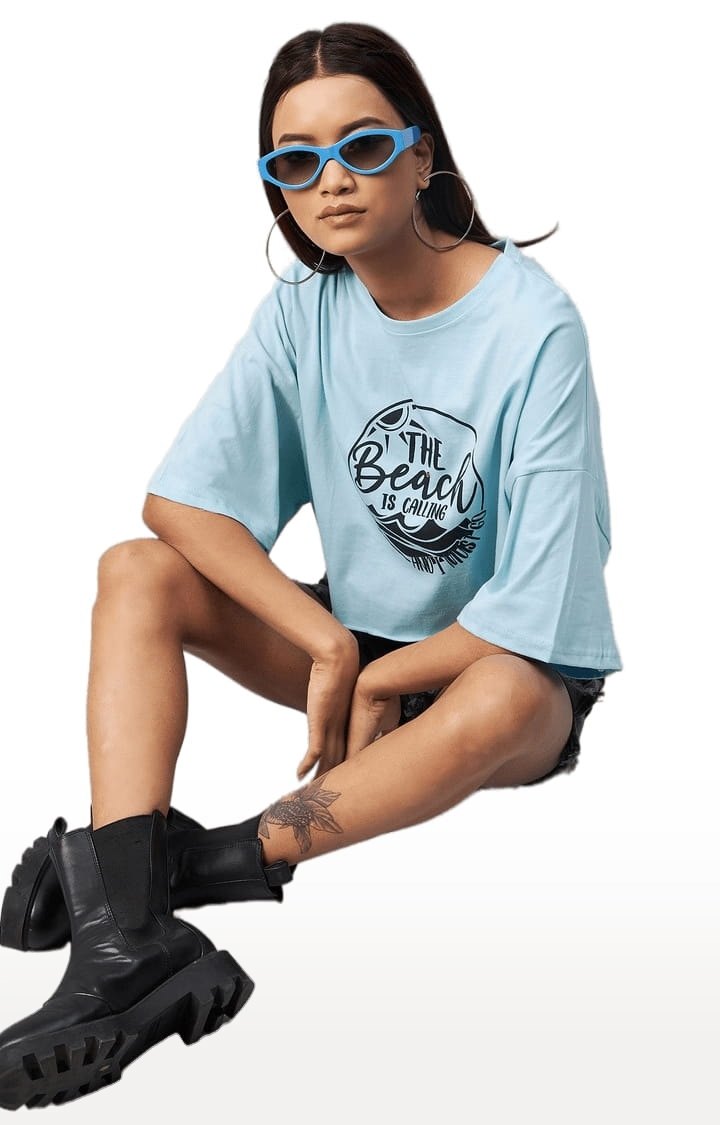 Women's Light Blue Cotton Solid Crop Top