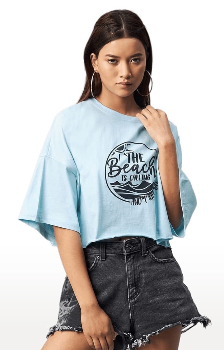 Women's Light Blue Cotton Solid Crop Top