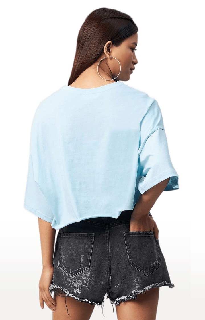 Women's Light Blue Cotton Solid Crop Top