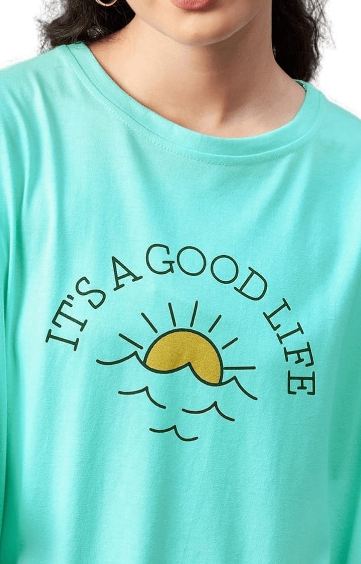 Women's Sky-blue Cotton Printed Oversized T-Shirts