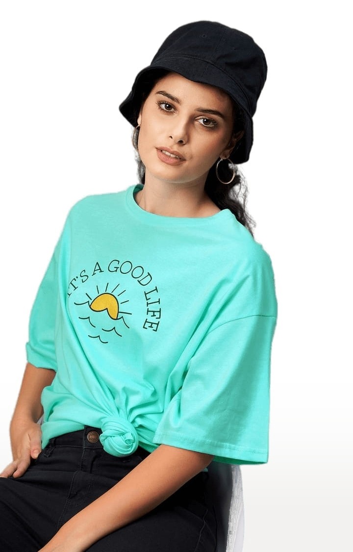 Women's Sky-blue Cotton Printed Oversized T-Shirts