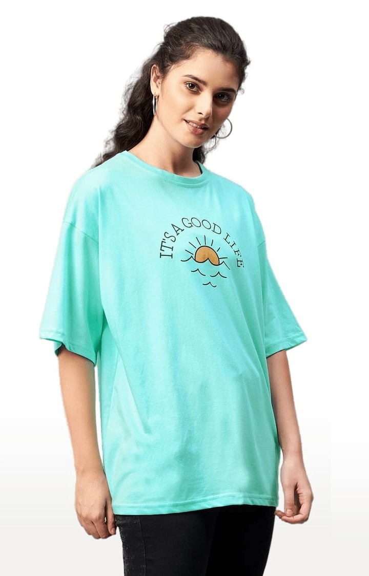 Women's Sky-blue Cotton Printed Oversized T-Shirts