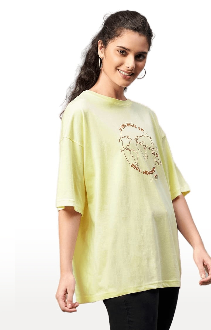 Women's Light Yellow Cotton Printed Oversized T-Shirts