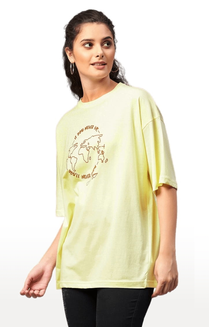 CHIMPAAANZEE | Women's Light Yellow Cotton Printed Oversized T-Shirts
