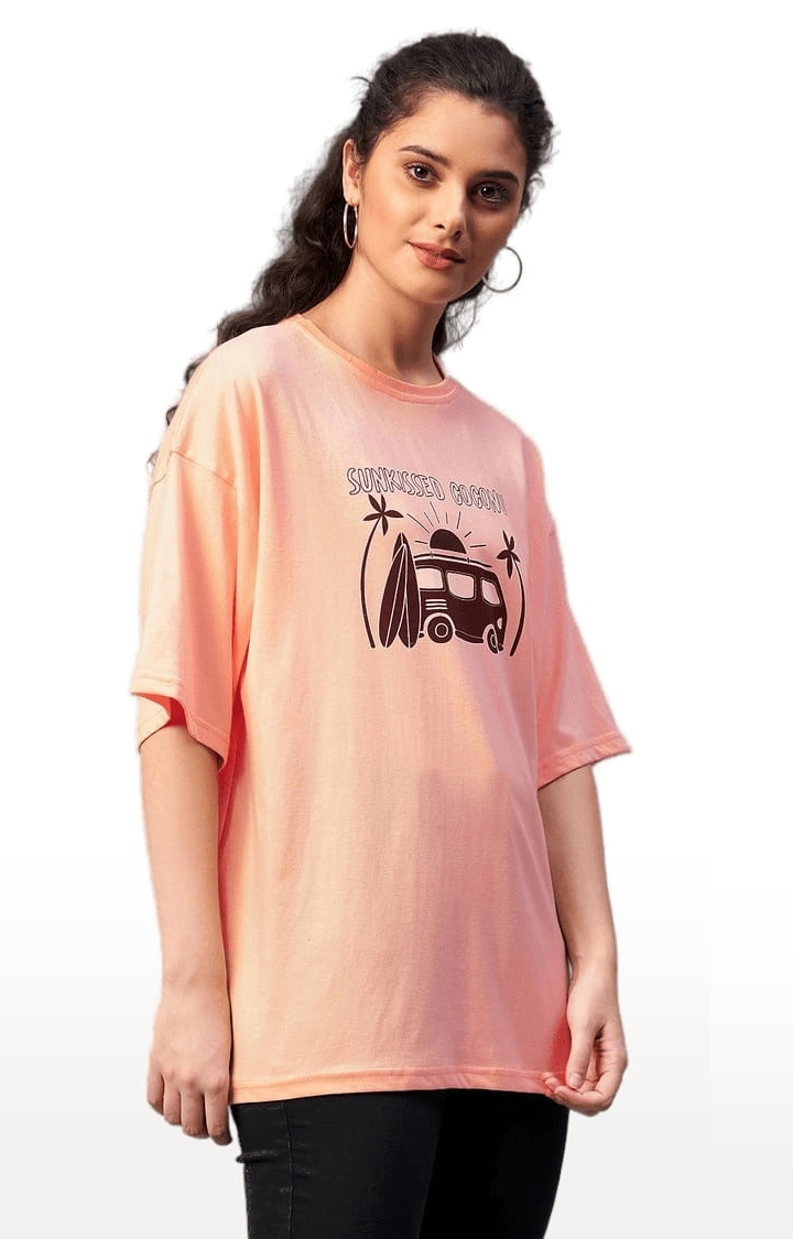 CHIMPAAANZEE | Women's Light Orange Cotton Printed Oversized T-Shirts