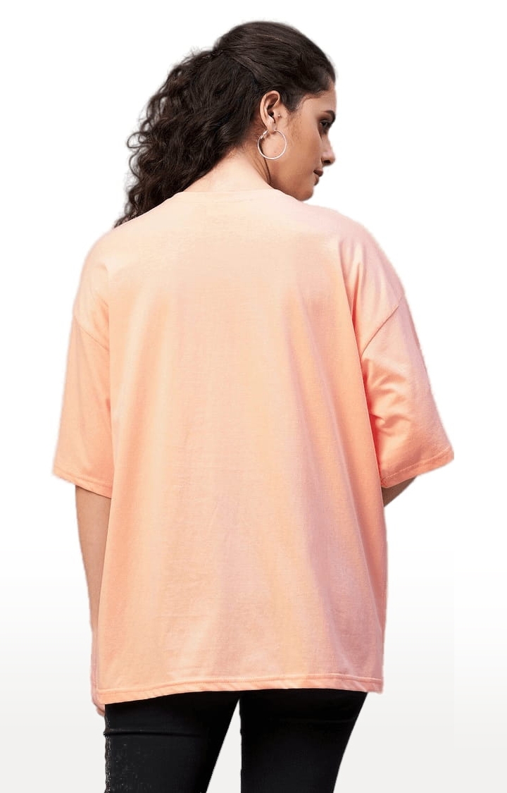 Women's Light Orange Cotton Printed Oversized T-Shirts