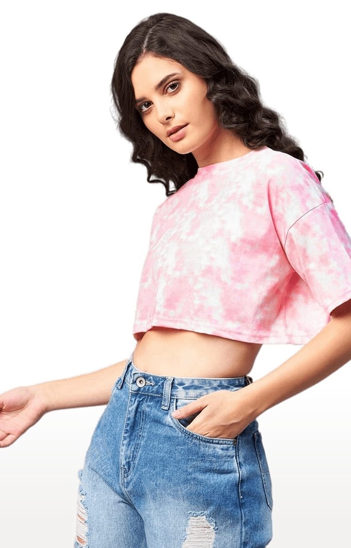 Women's Pink Cotton Tie Dye Crop Top