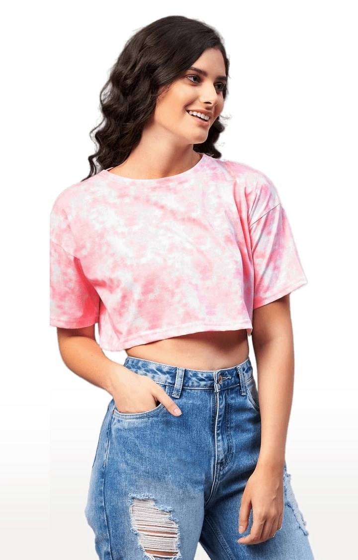 Women's Pink Cotton Tie Dye Crop Top
