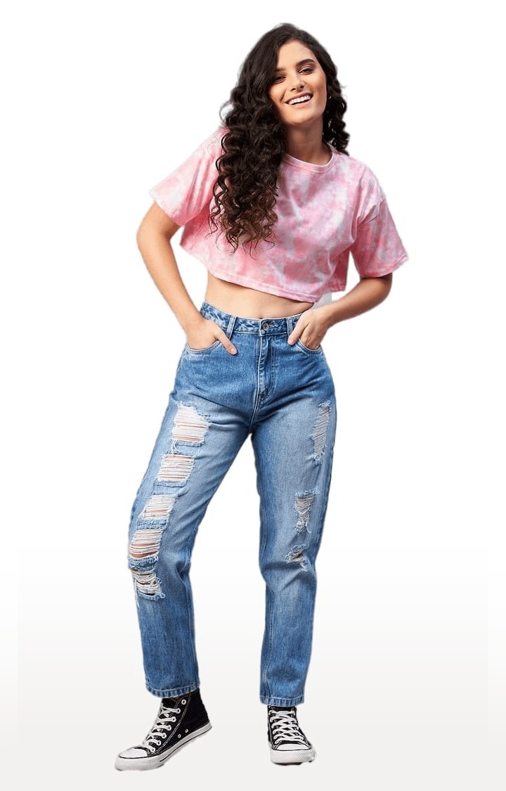Women's Pink Cotton Tie Dye Crop Top