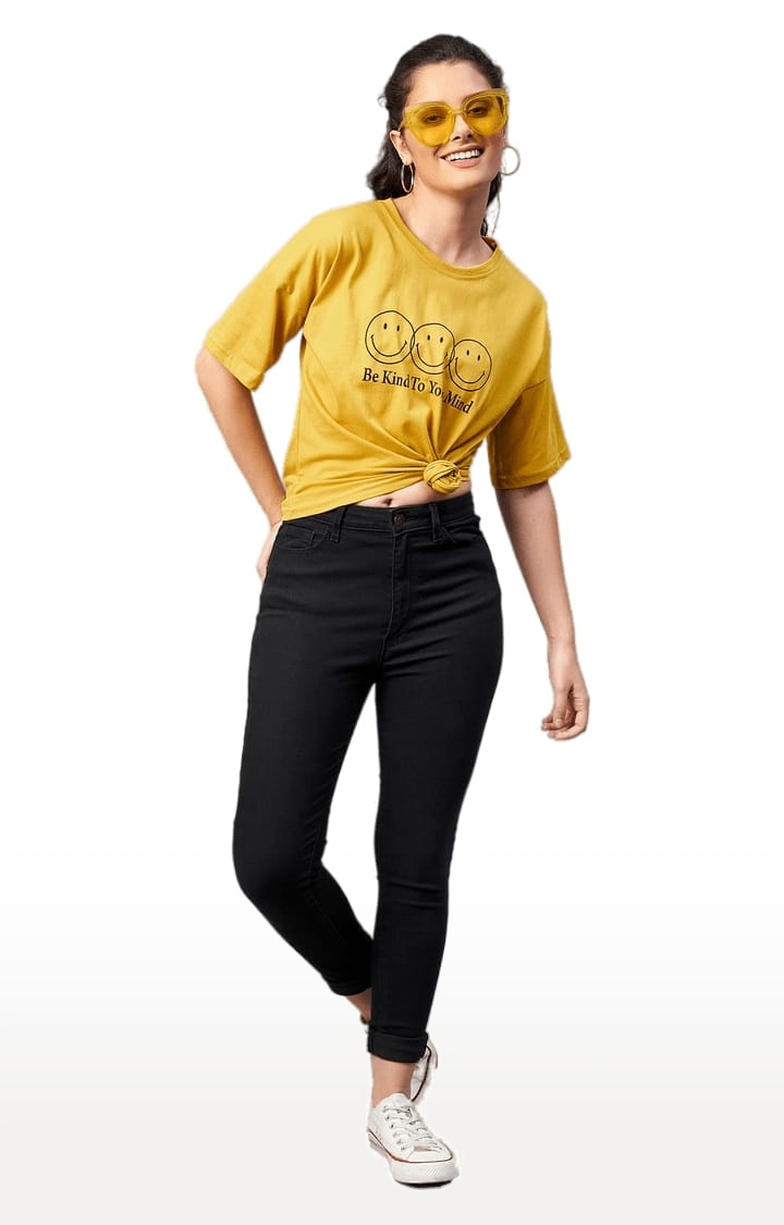 Women's Yellow Cotton Printed Boxy T-Shirt