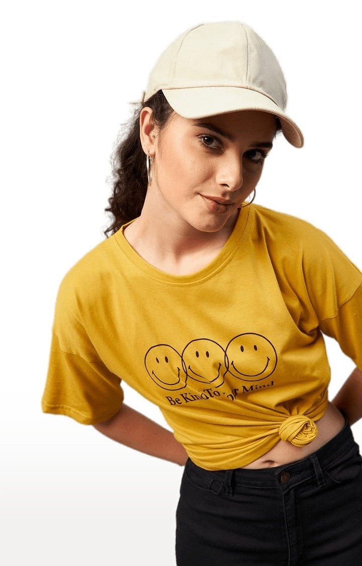 Women's Yellow Cotton Printed Boxy T-Shirt