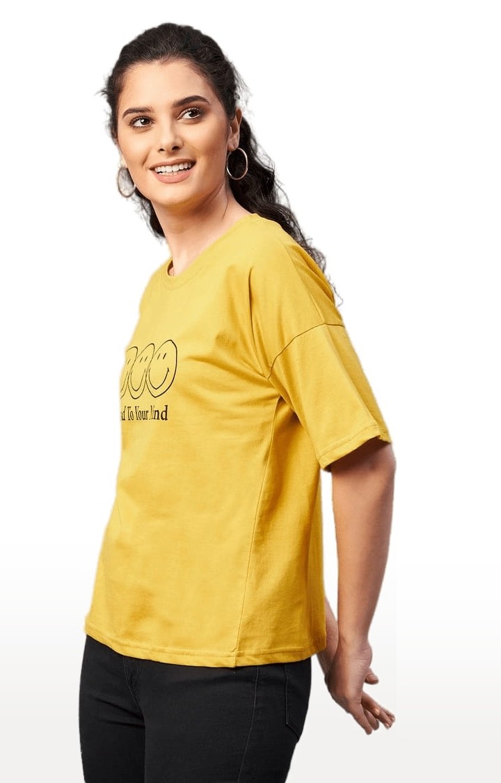 Women's Yellow Cotton Printed Boxy T-Shirt