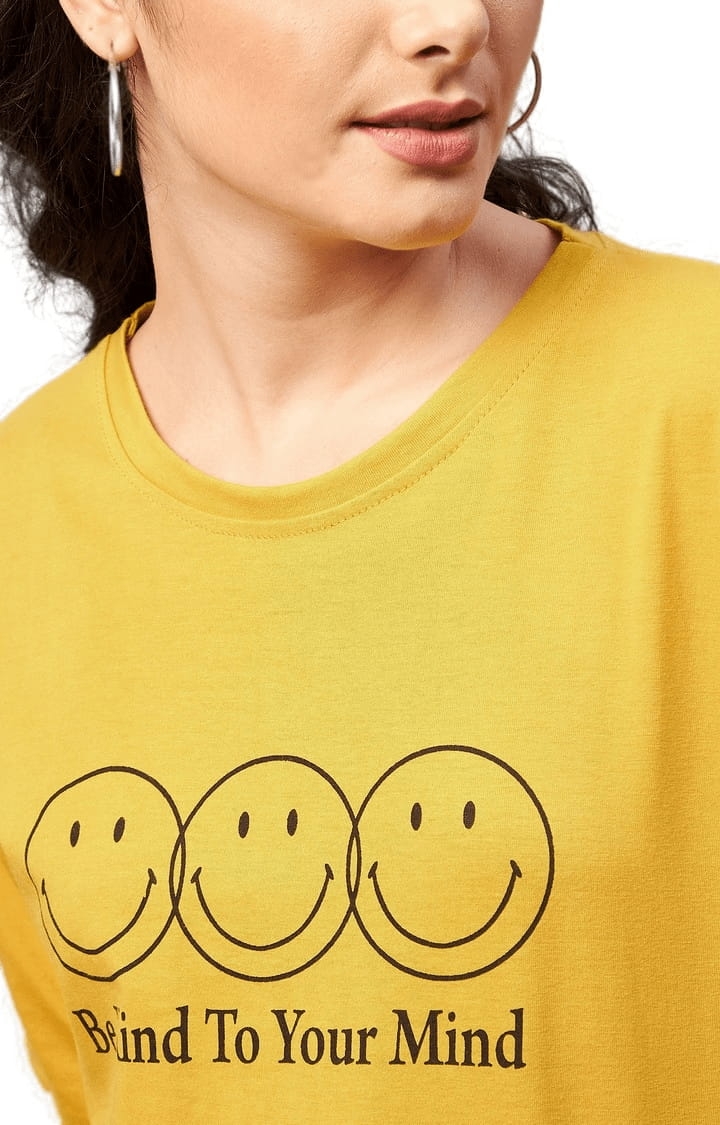 Women's Yellow Cotton Printed Boxy T-Shirt