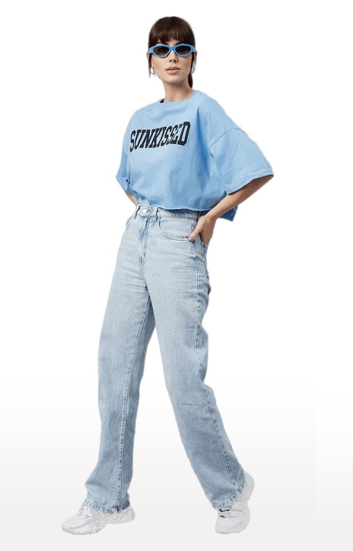 Women's Blue Cotton Solid Crop Top