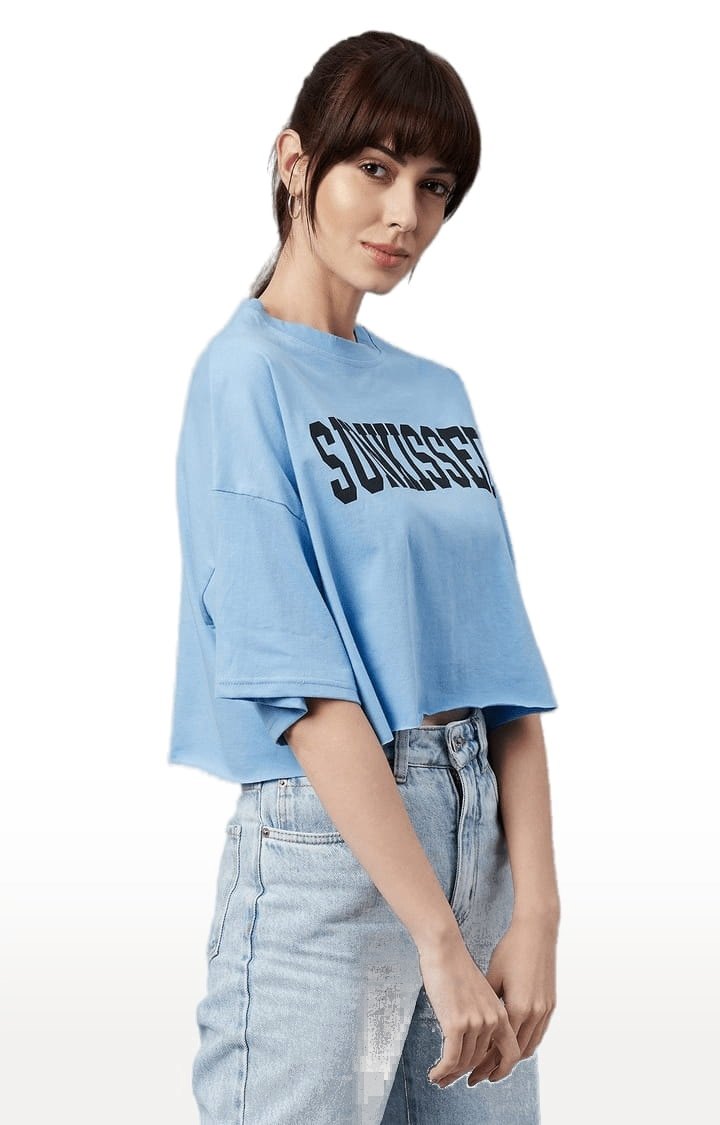 Women's Blue Cotton Solid Crop Top