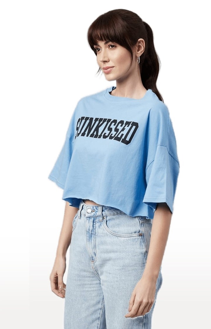 Women's Blue Cotton Solid Crop Top