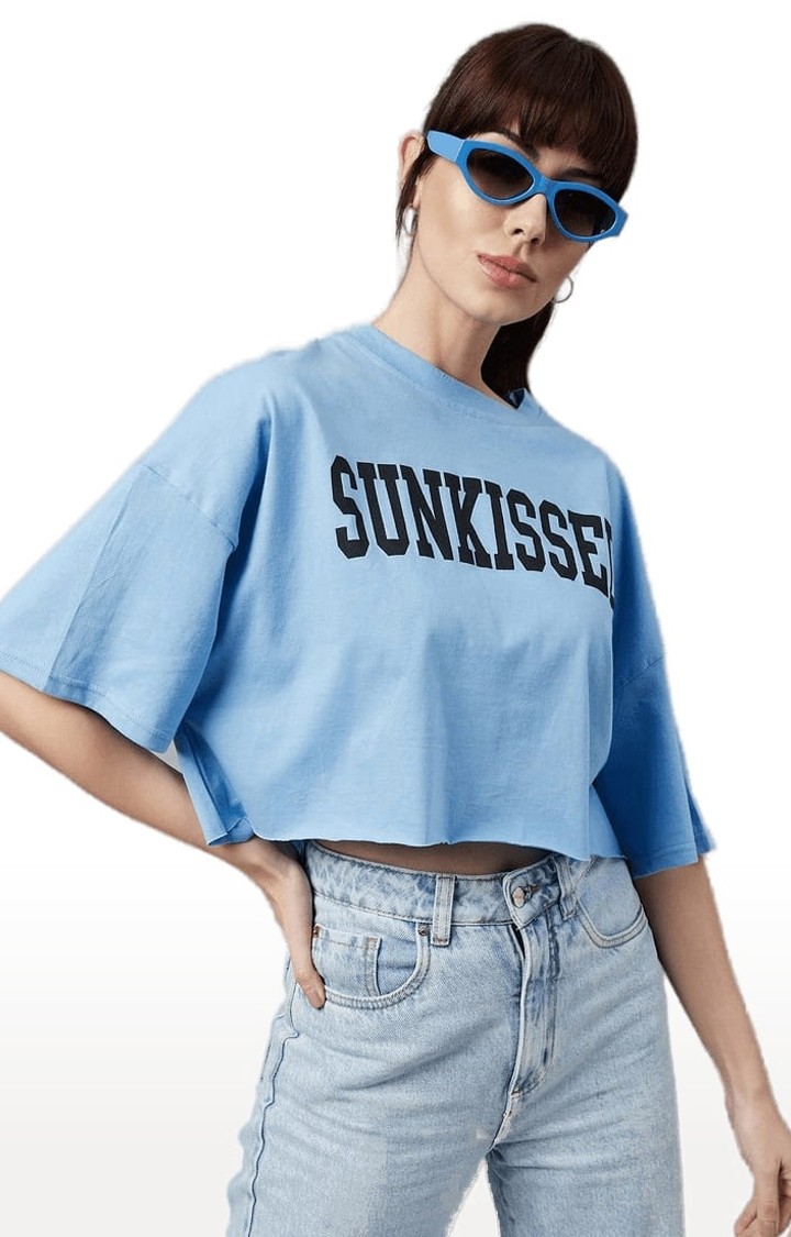 Women's Blue Cotton Solid Crop Top