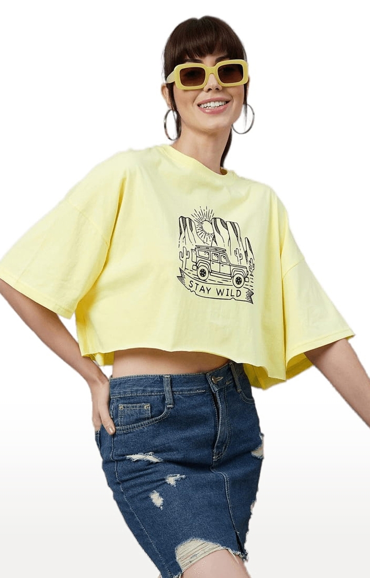 Women's Light Yellow Cotton Solid Crop Top
