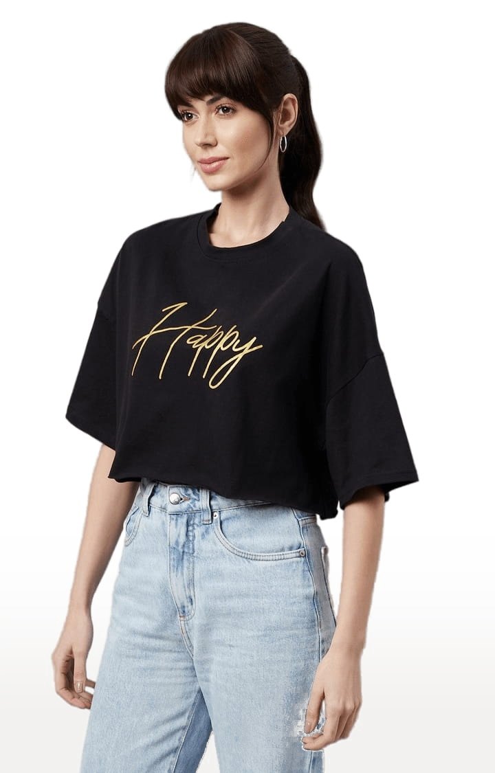 CHIMPAAANZEE | Women's Black Cotton Typographic Crop Top