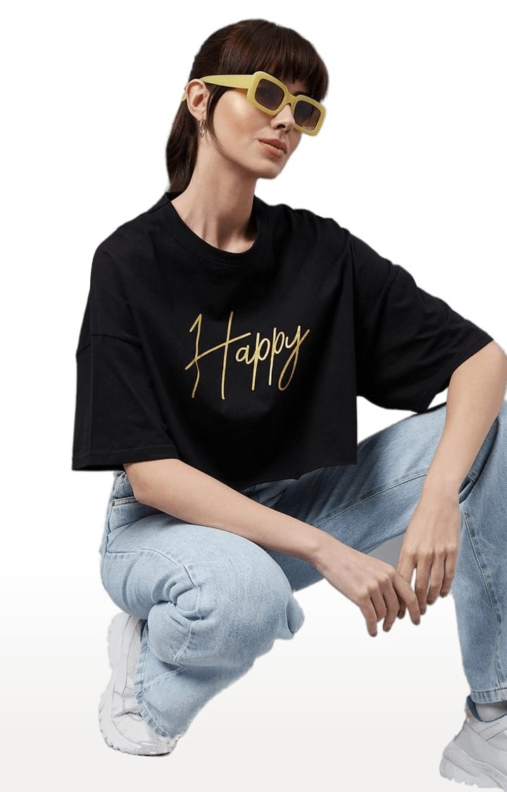 Women's Black Cotton Typographic Crop Top