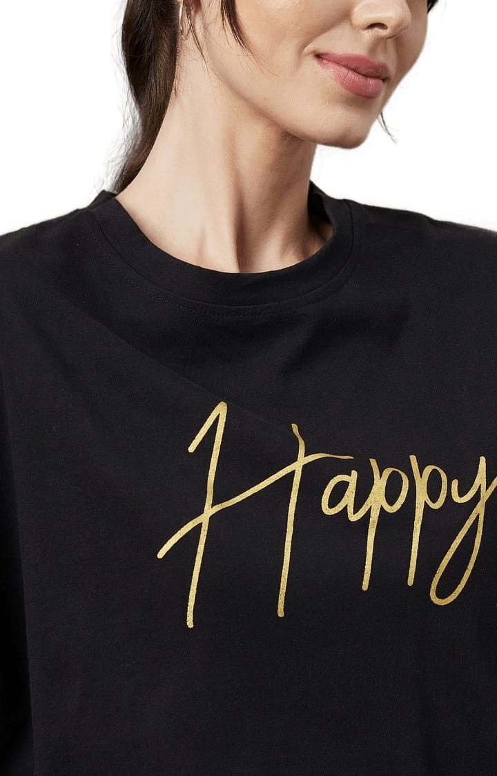 Women's Black Cotton Typographic Crop Top