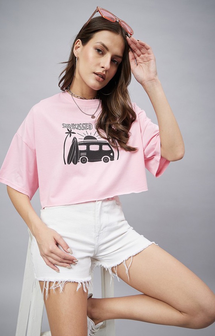 Chimpaaanzee Women Light Pink Typographic Oversized Crop T-shirt