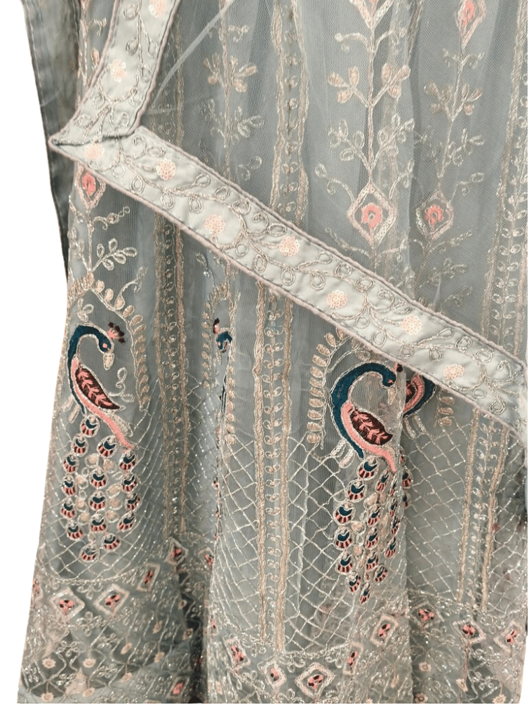 Surshyam Fashion Women's Pastel Blue Peacock Embroidered Net Lehenga Set