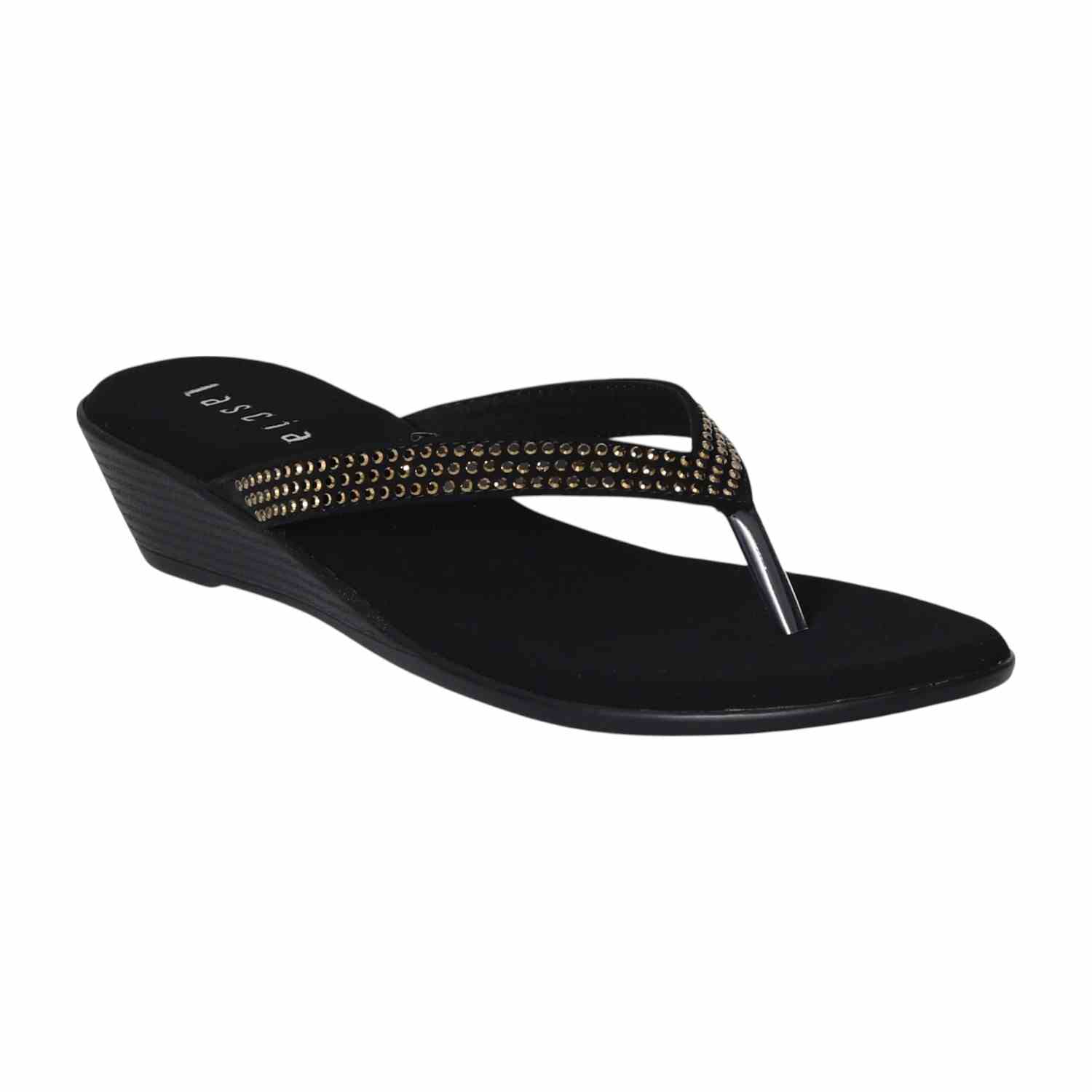Women Black Gleam Embellished Wedges