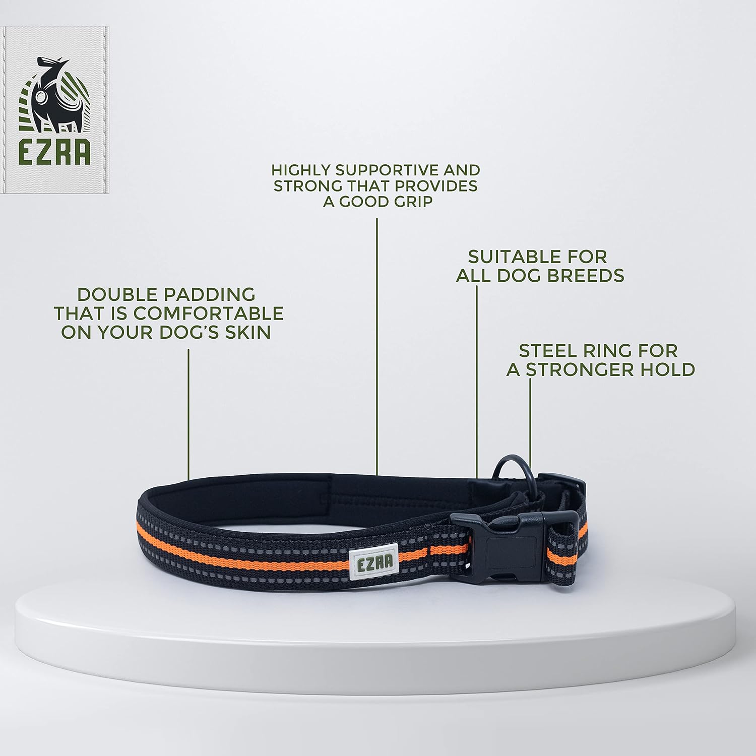 Ezra Hart Dog Collar, Durable Padded Adjustable Collar with Steel D-Ring, Orange