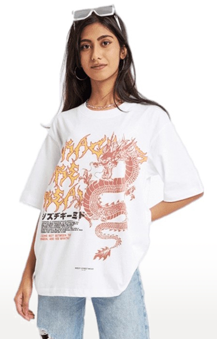 Weezy Streetwear | Women's Dragons Are Real White Graphics  Oversized T-Shirt
