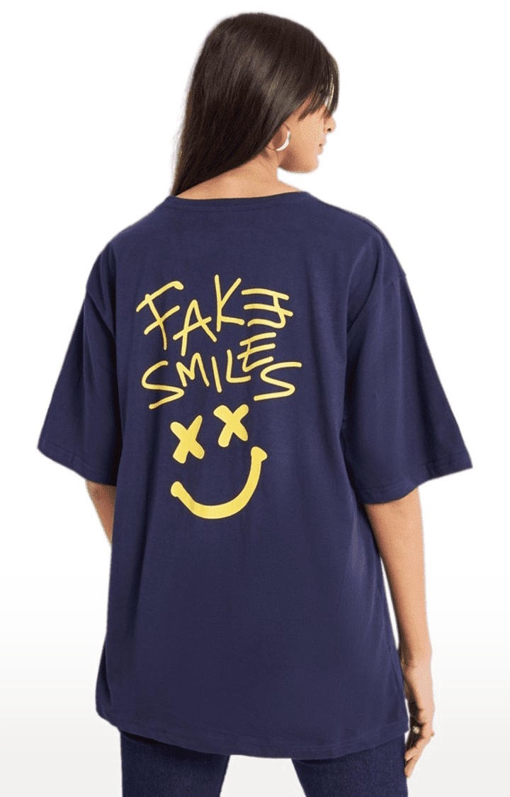 Weezy Streetwear | Women's Fake Smiles Navy Blue Graphics  Oversized T-Shirt