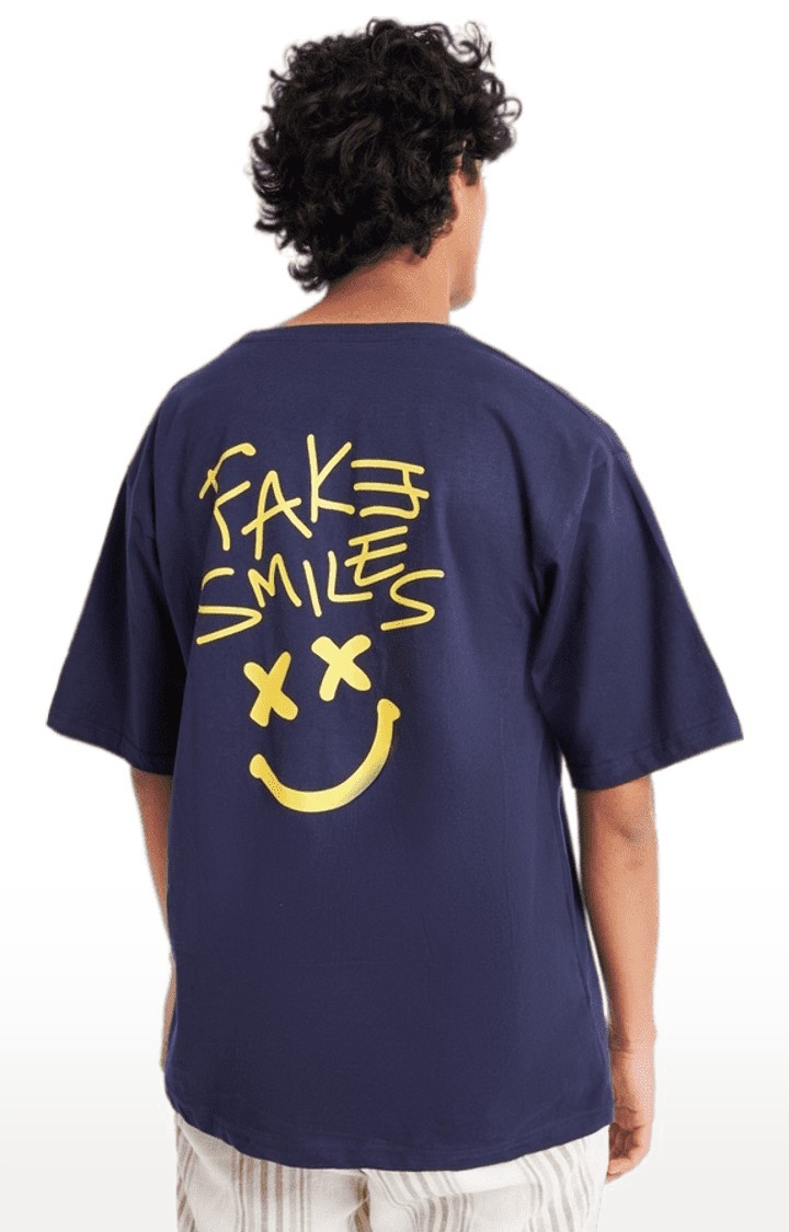 Weezy Streetwear | Men's Fake Smiles Navy Blue Graphics  Oversized T-Shirt