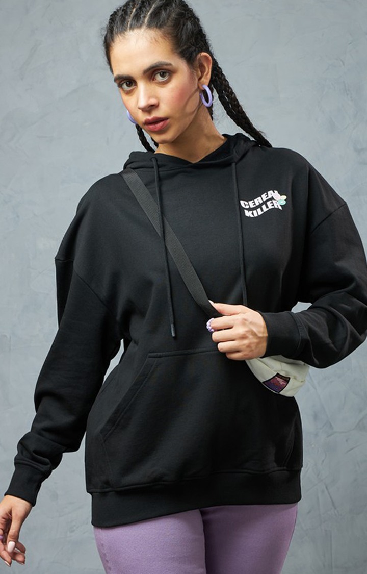 Women's Black Printed Hoodie