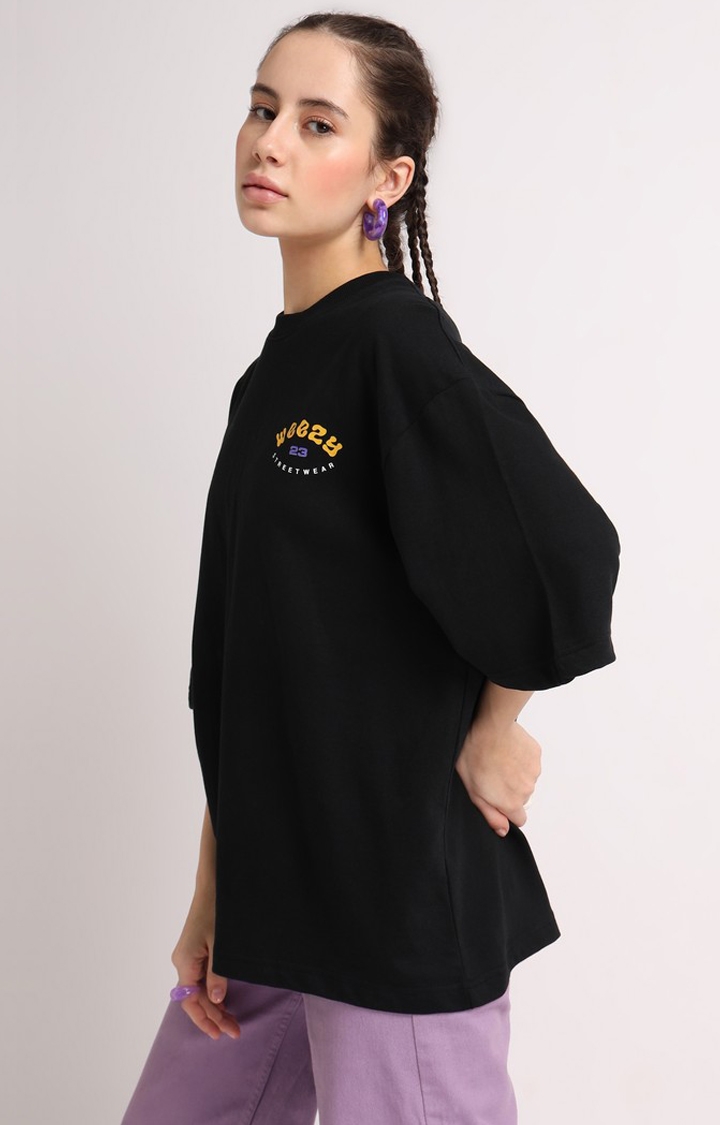 Women's Black Typographic Oversized T-Shirt