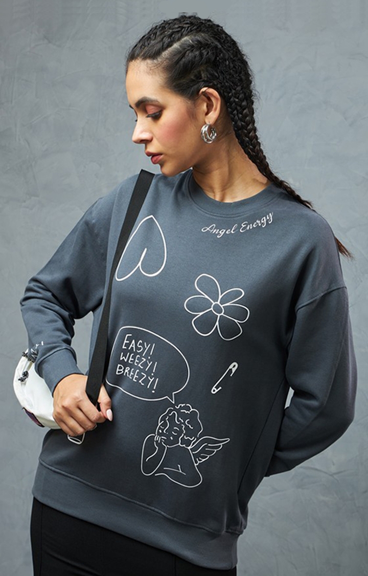 Weezy Streetwear | Women's Charcoal Grey Printed Sweatshirt