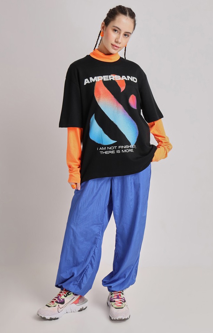 Women's Black Printed Oversized T-Shirt