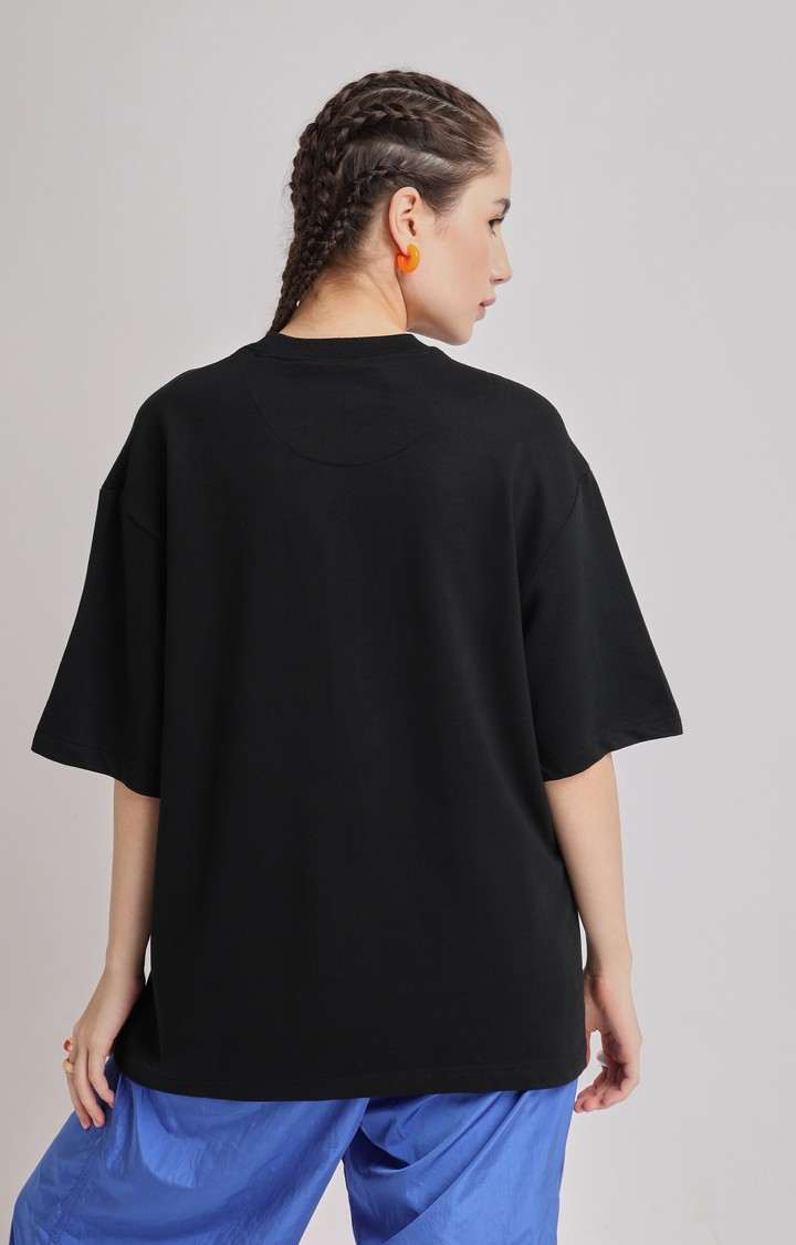 Women's Black Printed Oversized T-Shirt