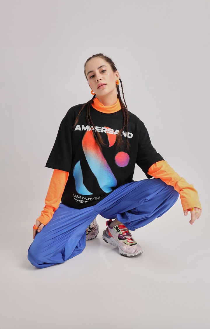 Women's Black Printed Oversized T-Shirt