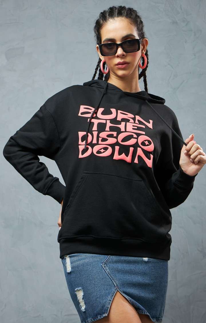 Women's Black Printed Hoodie