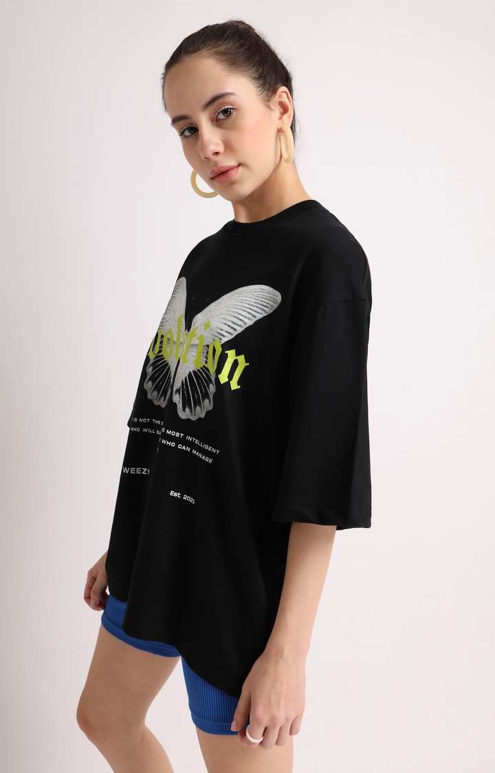 Women's Black Printed Oversized T-Shirt