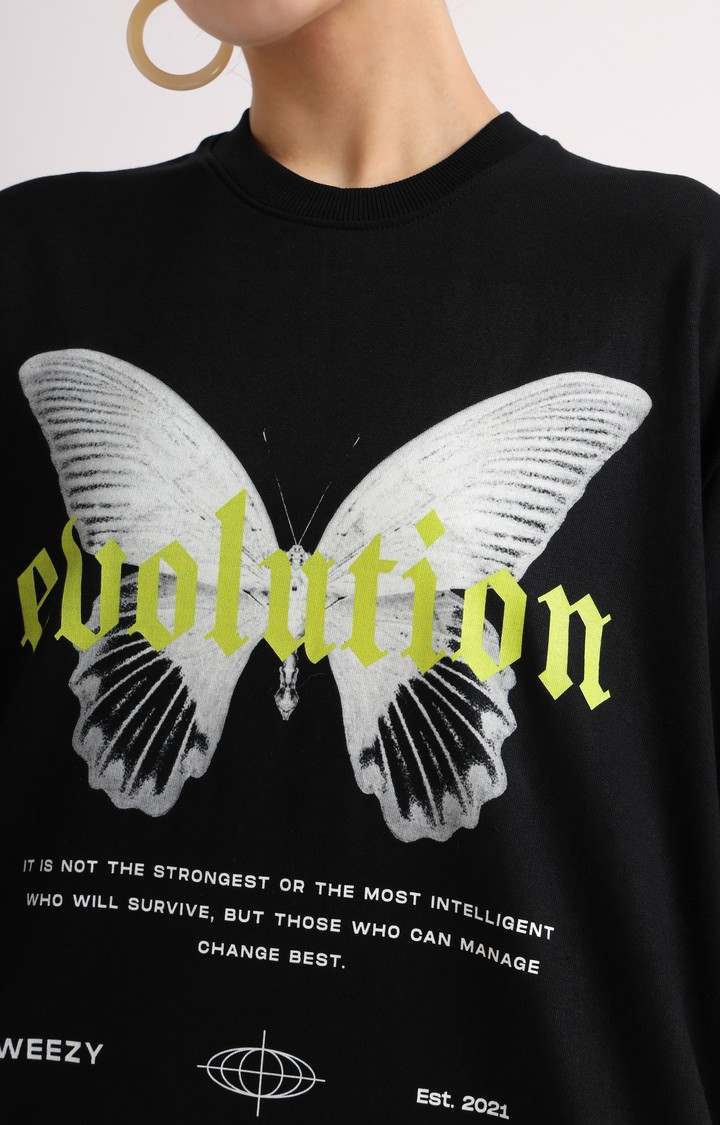 Women's Black Printed Oversized T-Shirt