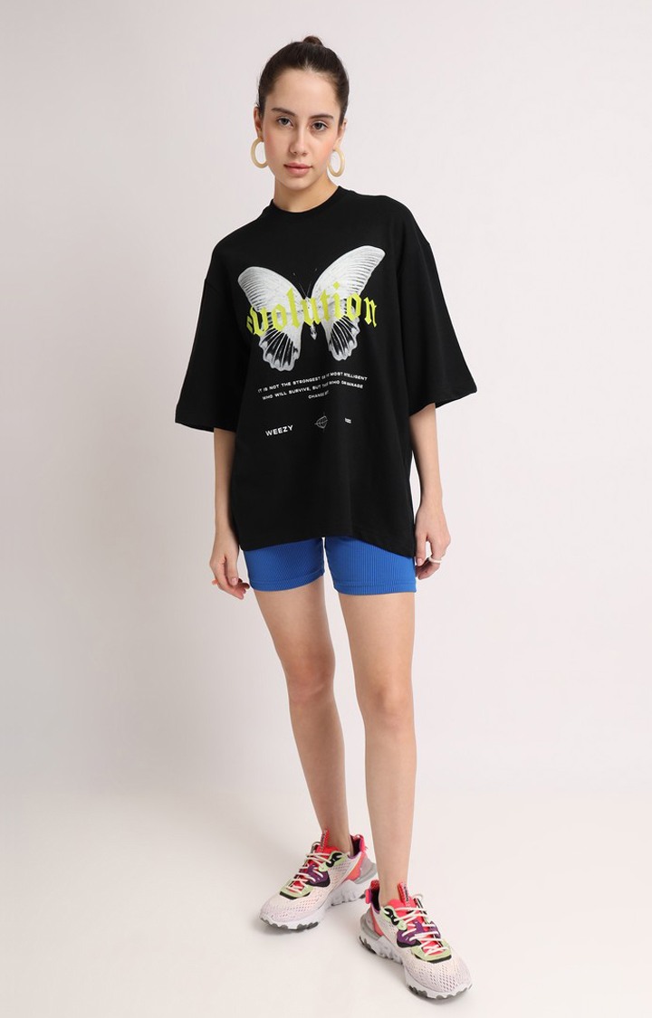 Women's Black Printed Oversized T-Shirt