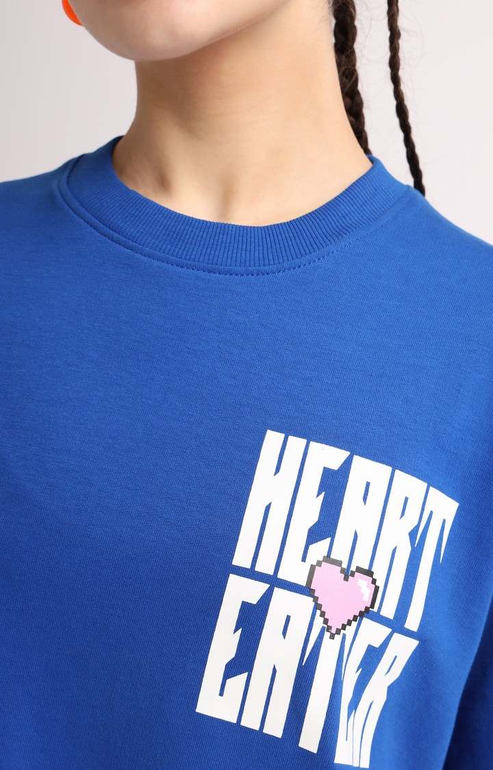 Women's Blue Printed Oversized T-Shirt