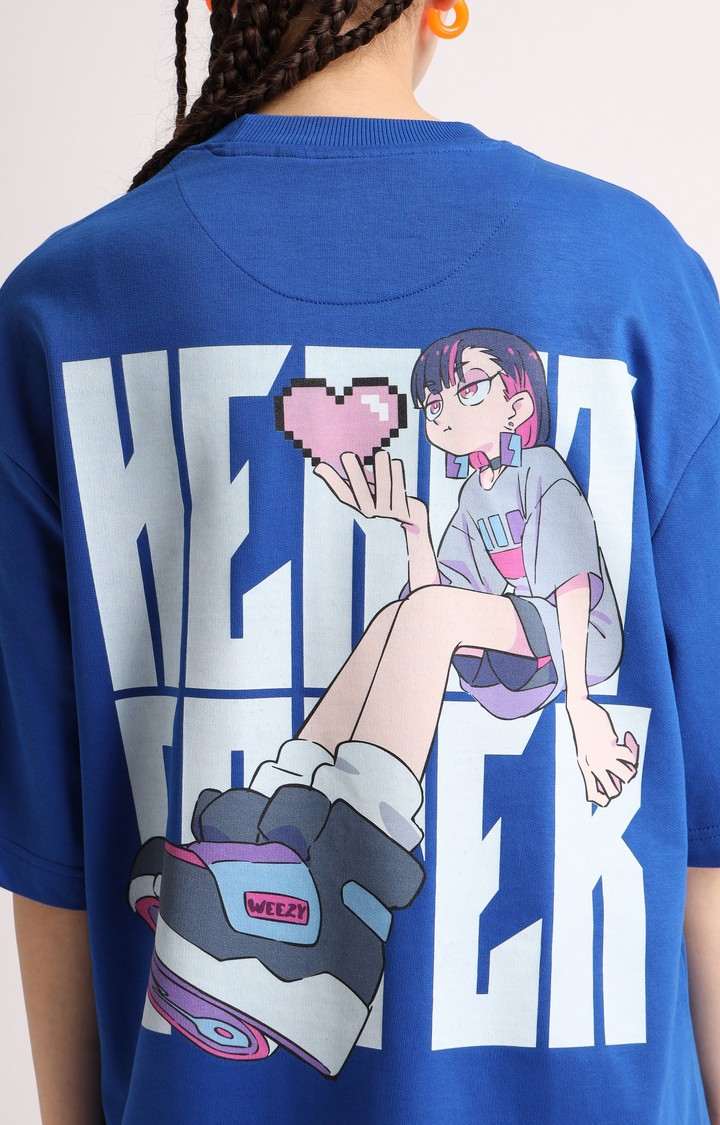 Women's Blue Printed Oversized T-Shirt