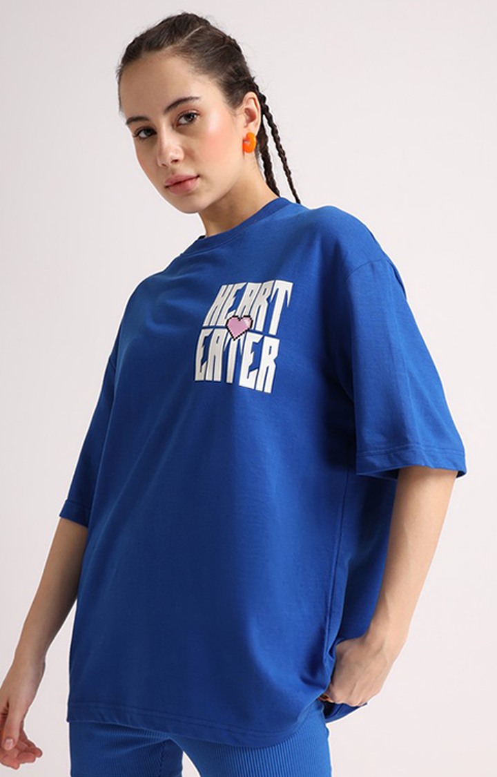 Women's Blue Printed Oversized T-Shirt