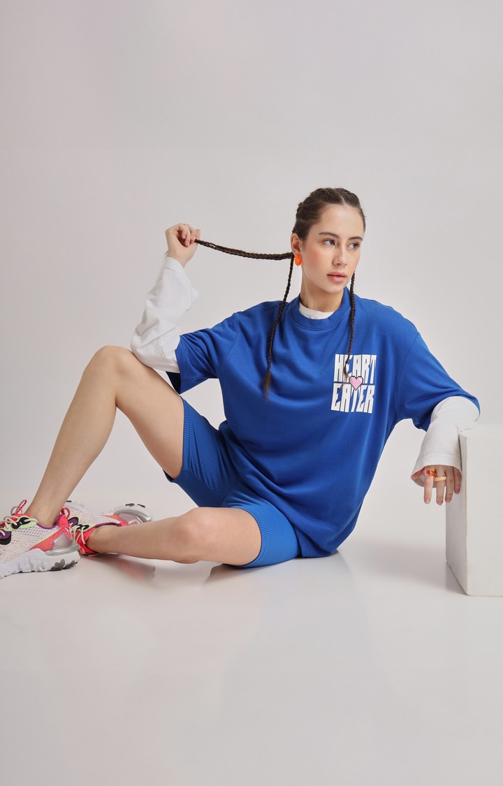 Women's Blue Printed Oversized T-Shirt