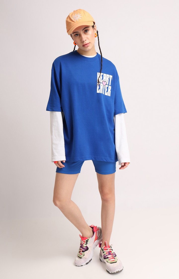 Women's Blue Printed Oversized T-Shirt